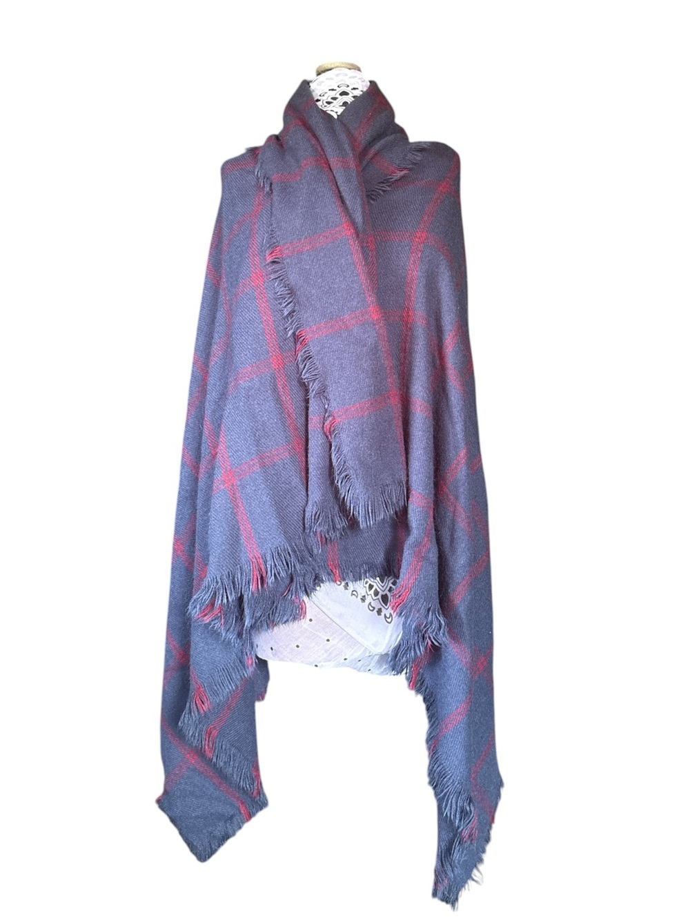 Cozy Plaid Fringe Shawl Sweater - Blue with Red Windowpane